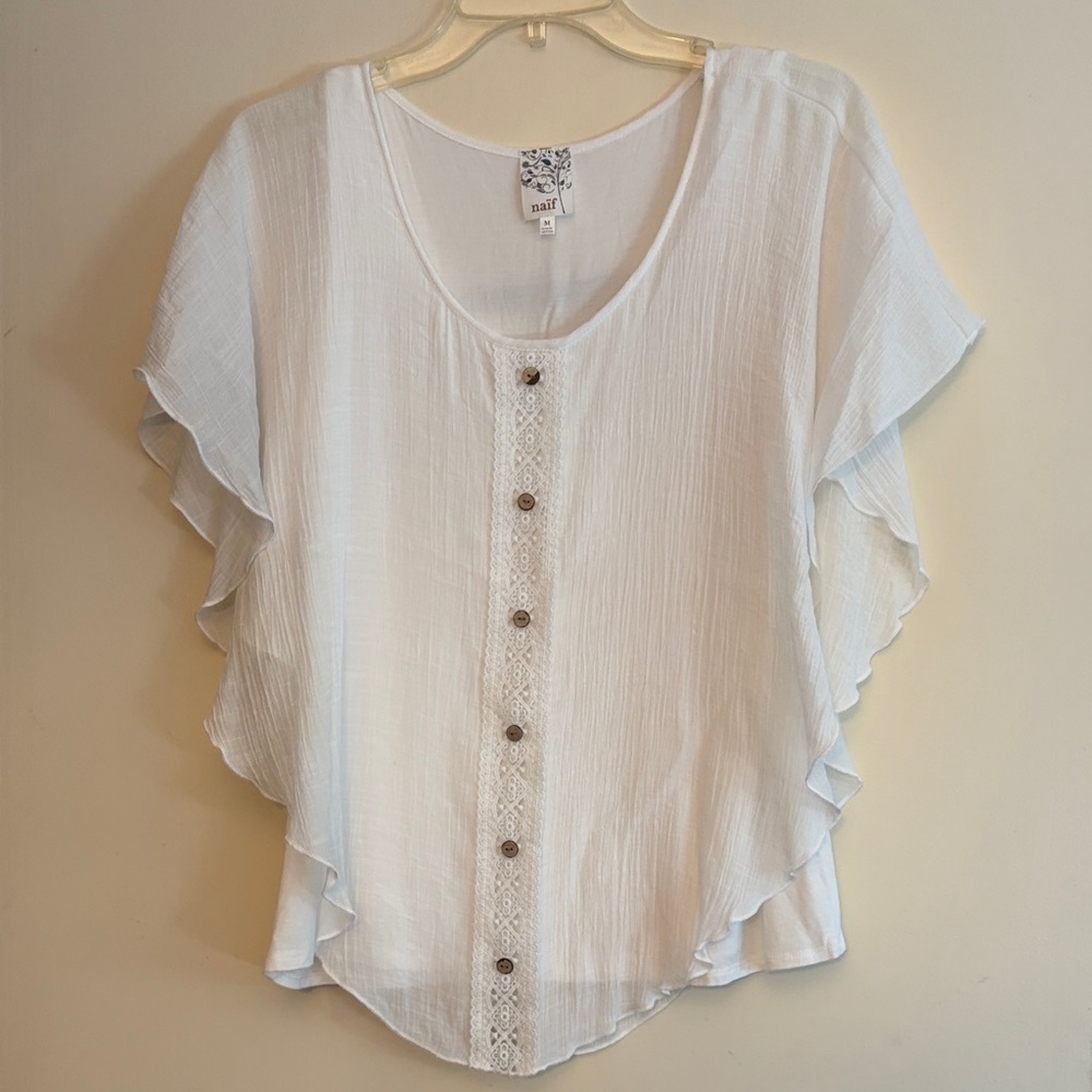 Naif Women’s White Ruffled Button-Down Flowy‎ Boho Top with Tank, size M